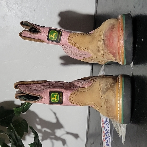 JOHN DEERE Pull On Pink Tan Leather Western Boots 12M Boys - Picture 10 of 15